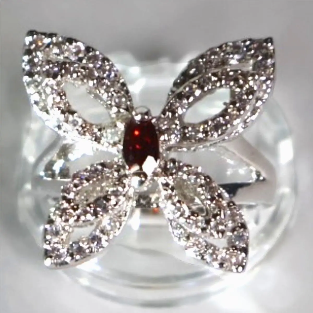 Swarovski Crystal Butterfly Ring Silver Overlay Red Marquise Statement Size 8