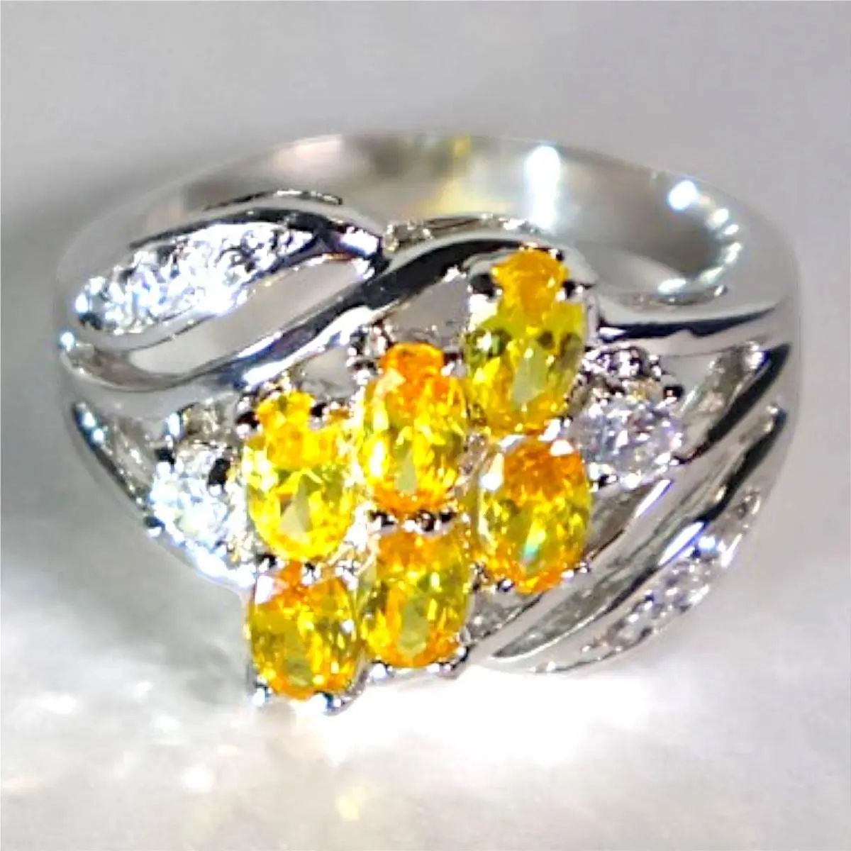 Swarovski Crystal Yellow Oval Cluster Ring Silver Overlay Brass Size 8