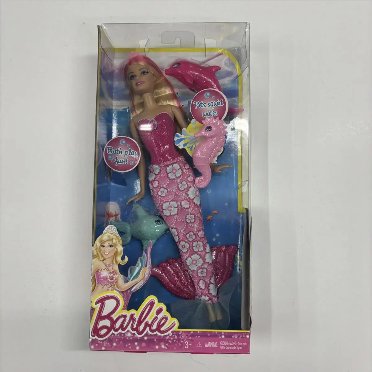 2014 Barbie Fairytale Mermaid Bath Doll 3 Squirt Pets Pink Rare P59