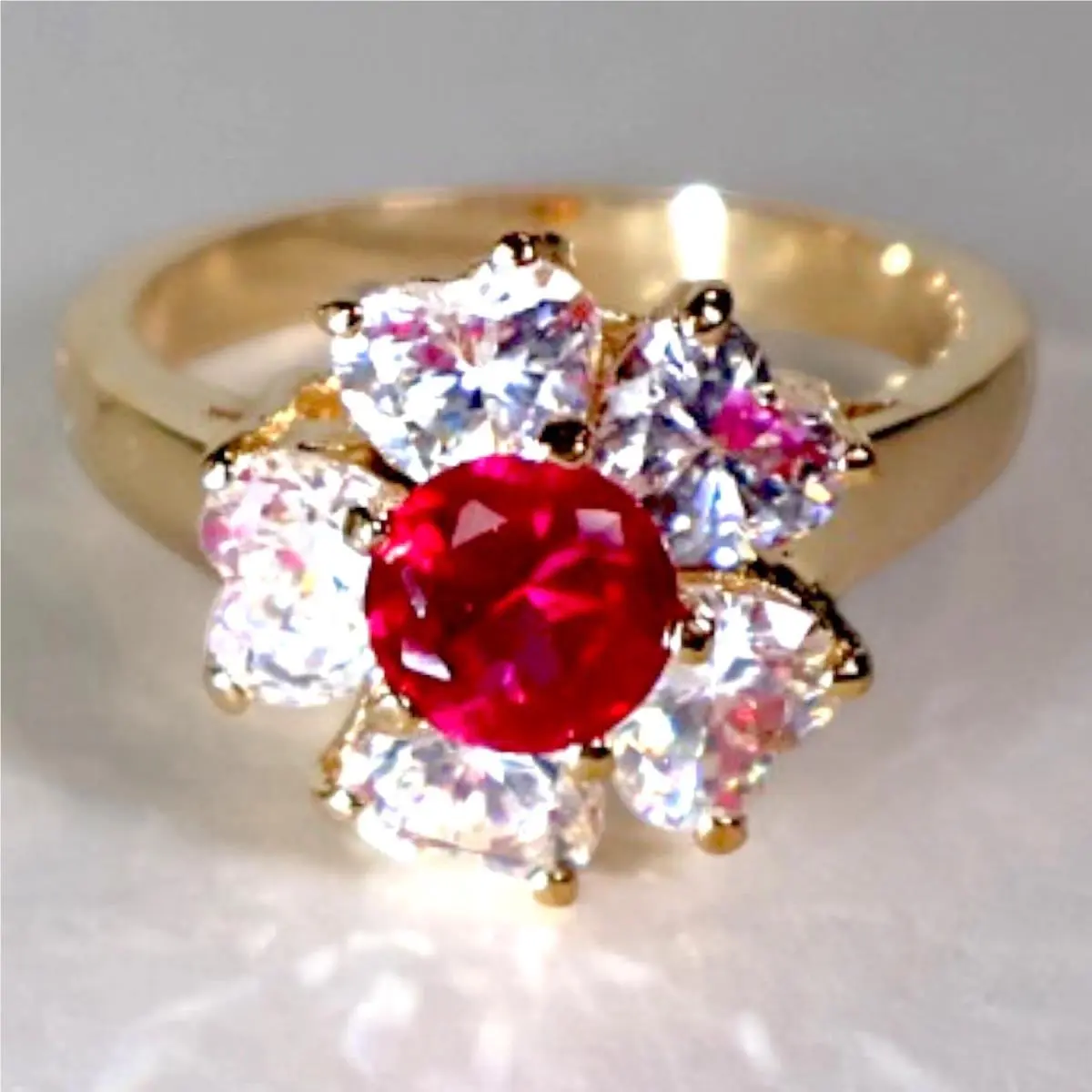 Swarovski Crystal Flower Ring 14k Gold Overlay Red Heart Cluster Size 10