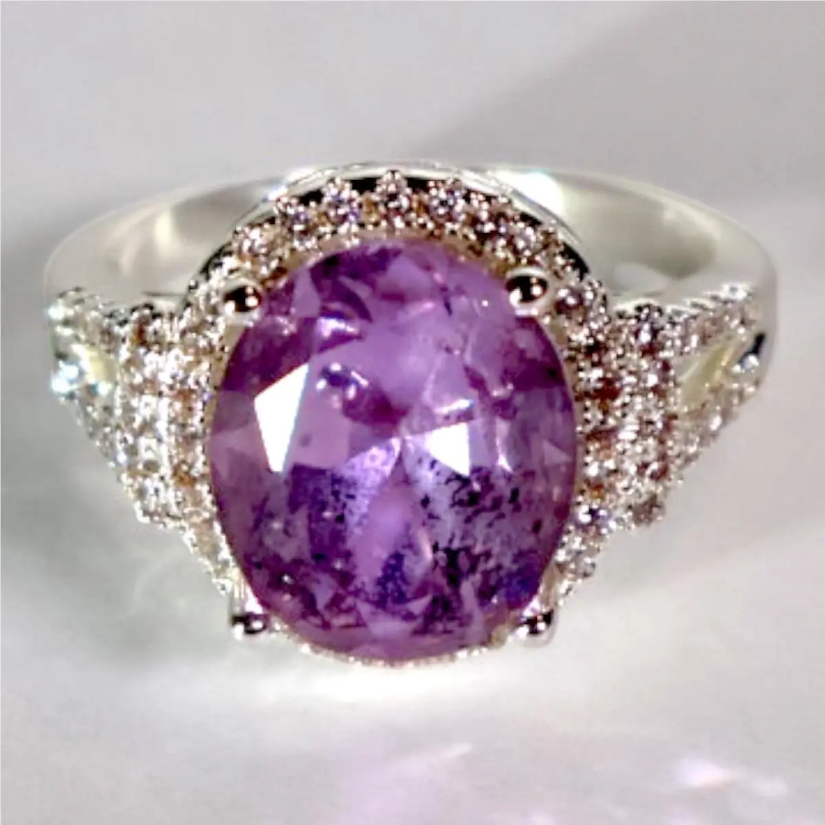 Swarovski Crystal Purple Oval Halo Ring Sterling Silver Overlay Brass Size 8