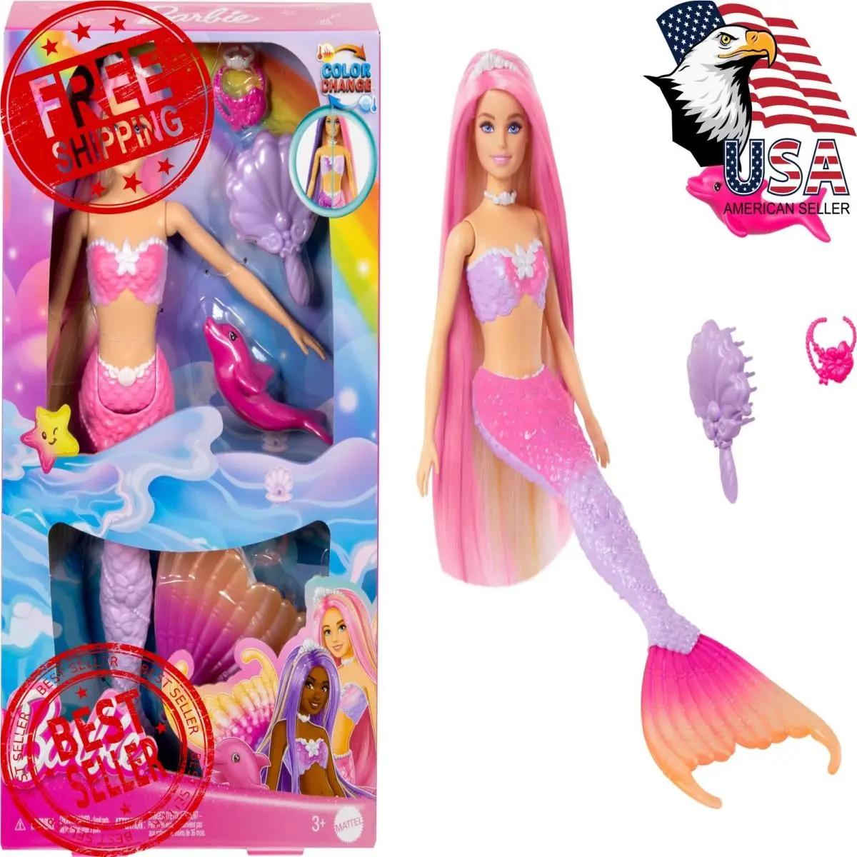 Barbie Mermaid Doll Malibu with Pink Hair and Pet Dolphin Styling