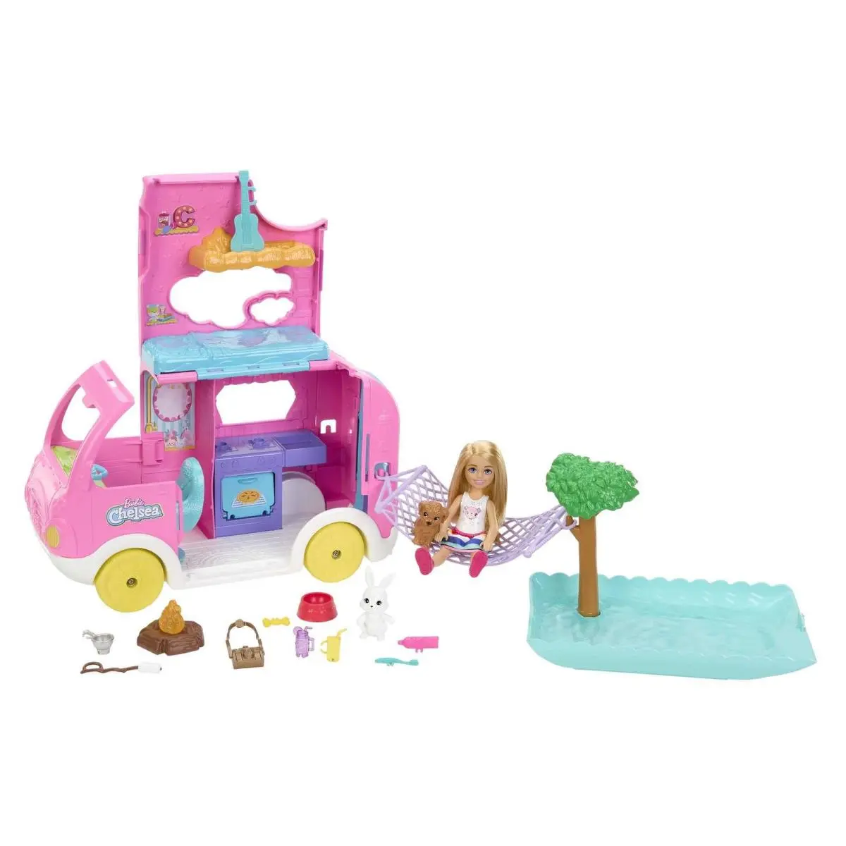 Barbie 2023 Camper Chelsea 2-in-1 Playset with Small Doll 2 Pets 15 Acce