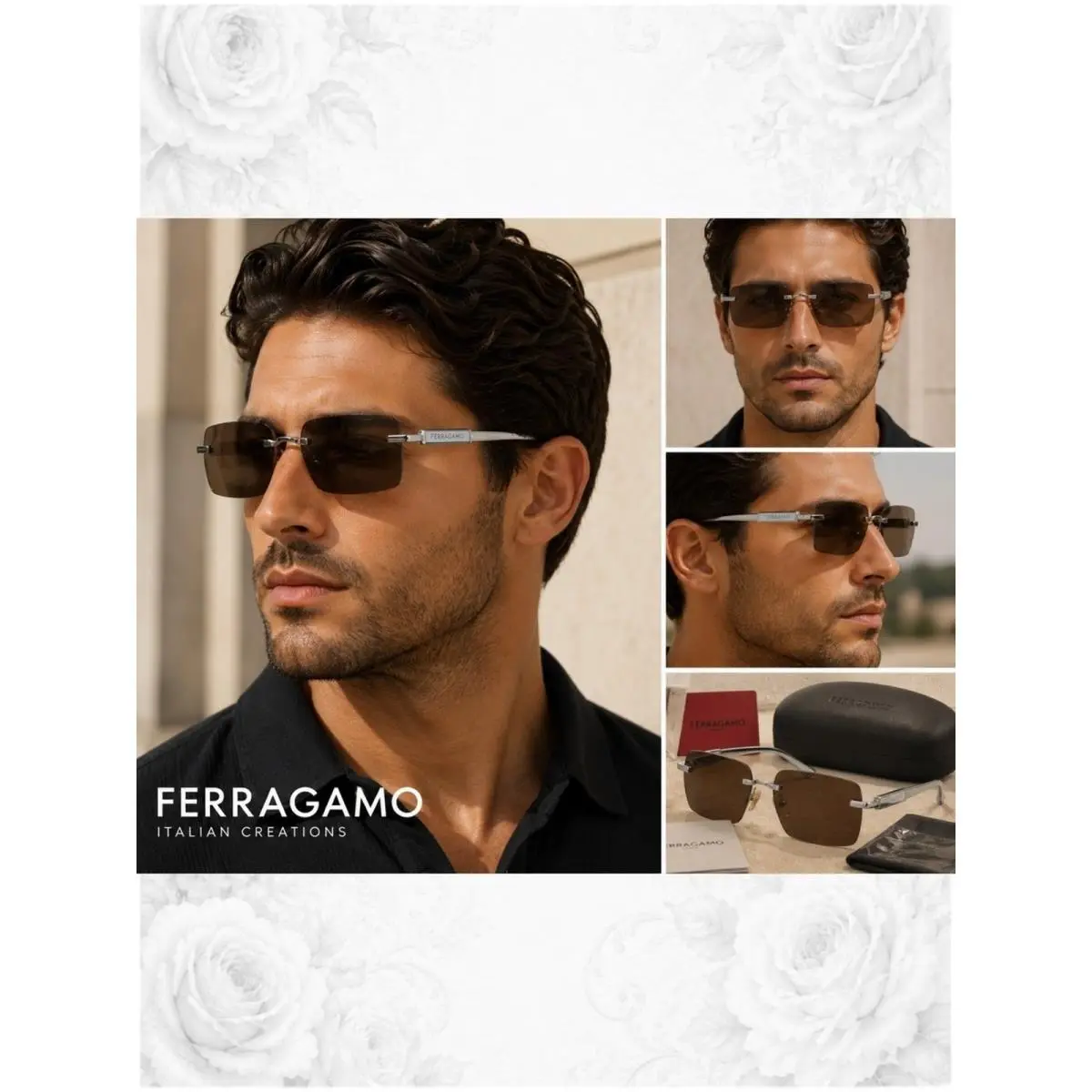 Ferragamo SF311S Rimless Rectangular Sunglasses Brown Silver 60mm by Salvatore Ferragamo