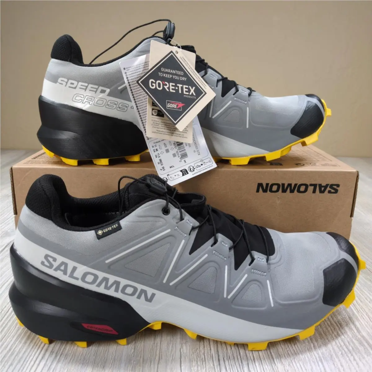 Salomon Speedcross Gtx Gore-tex Trail Running Grey/yellow Mens Size 11.5