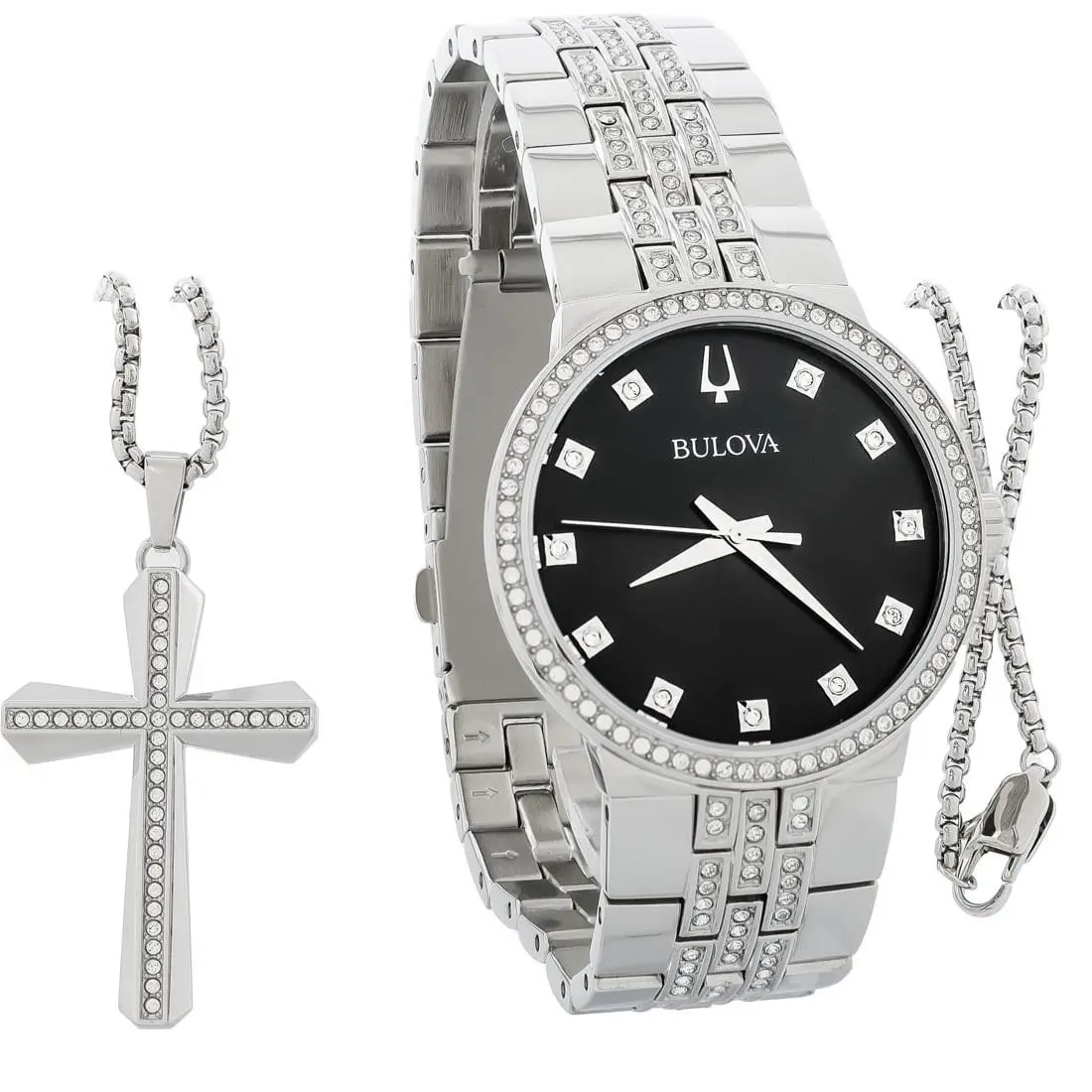 Bulova Men`s Crystal Stainless Steel Black Dial Quartz Watch Boxed Set 96K110