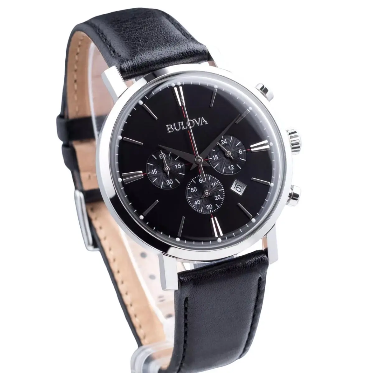 Bulova Aerojet Black Dial Men`s Watch 96B262 Silver Tone Case Leather Band