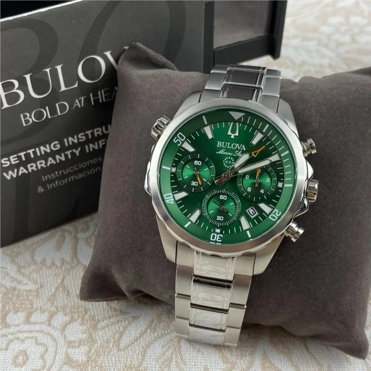 Marine Star 96B396 Men`s Green Dial Quartz Watch Stainless Steel 43MM by Bulova
