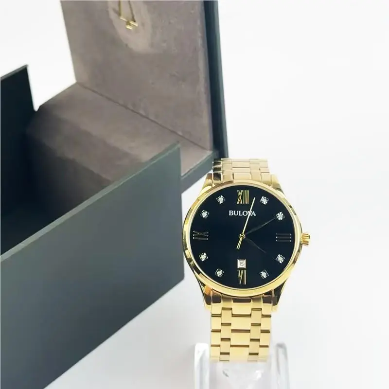 Bulova Classic 97D108 Black Diamond Dial Gold Bracelet Men`s Quartz Watch 40MM