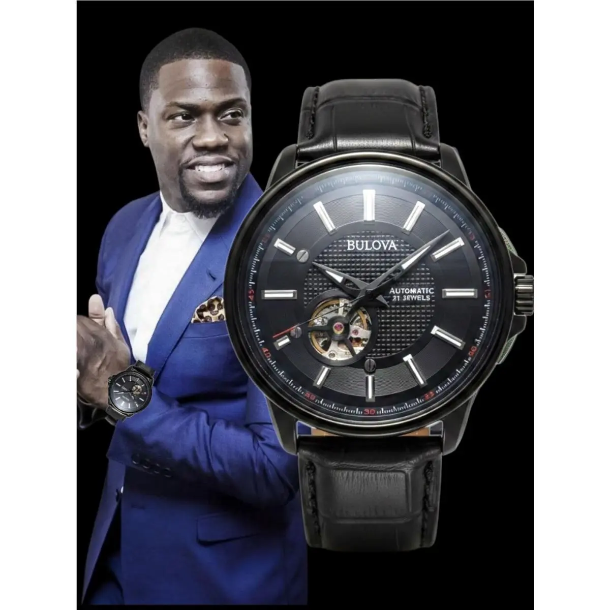 Bulova Automatic 21 Jewels Open Heart Exhibition BK IP 44 MM Men`s Watch