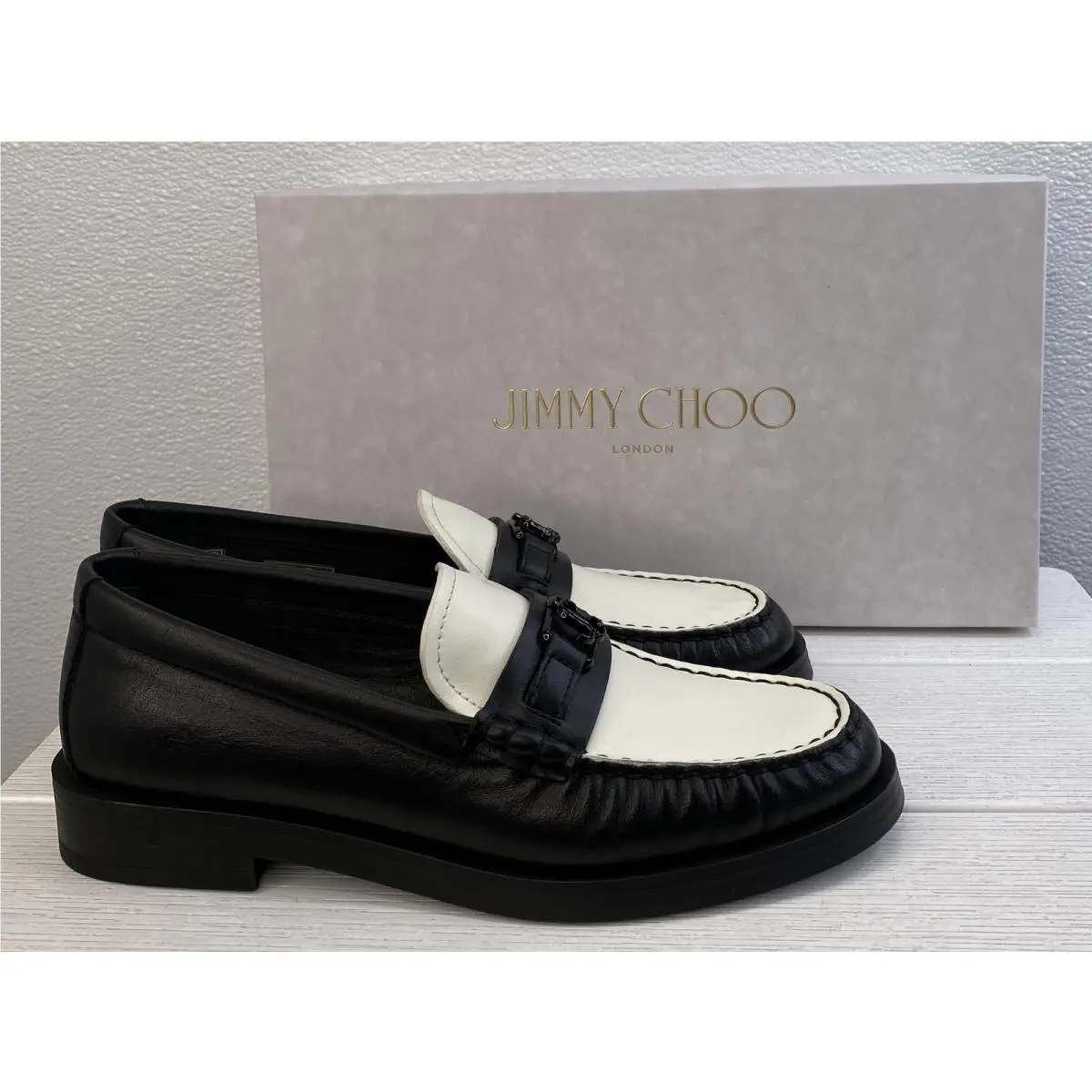 Addie JC Women`s US7 EU37 Black/latte Leather Casual Slip On Loafers by Jimmy Choo