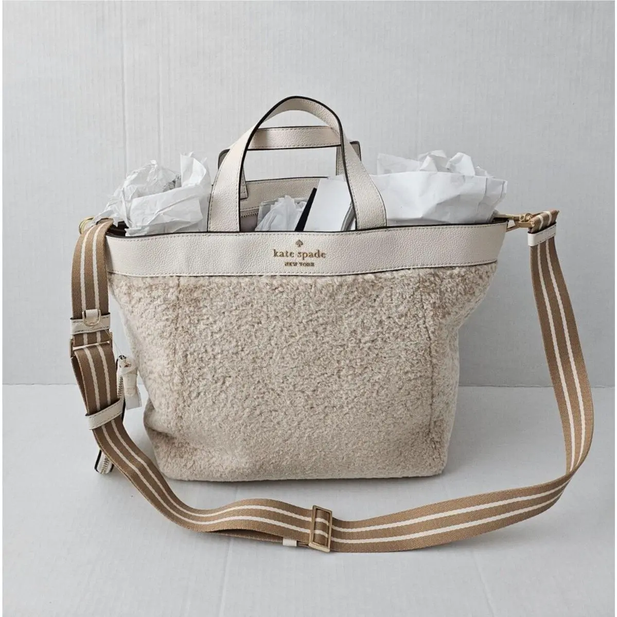 Women`s  Rosie Satchel Tote Shearling Fur Bag Natural Color by Kate Spade