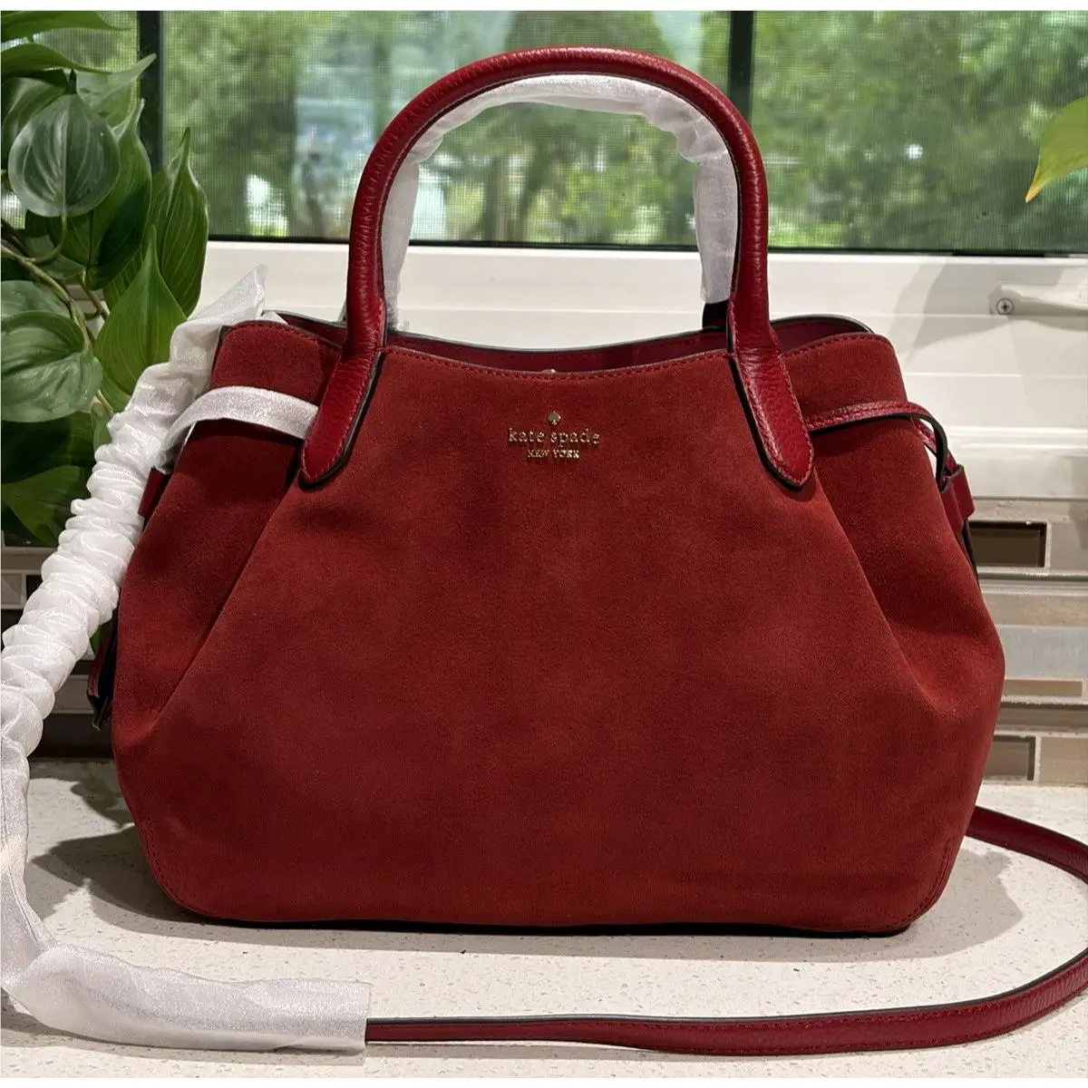 Dumpling Large Satchel Shoulder Hobo Bag Tote Red Jam Suede Gold by Kate Spade