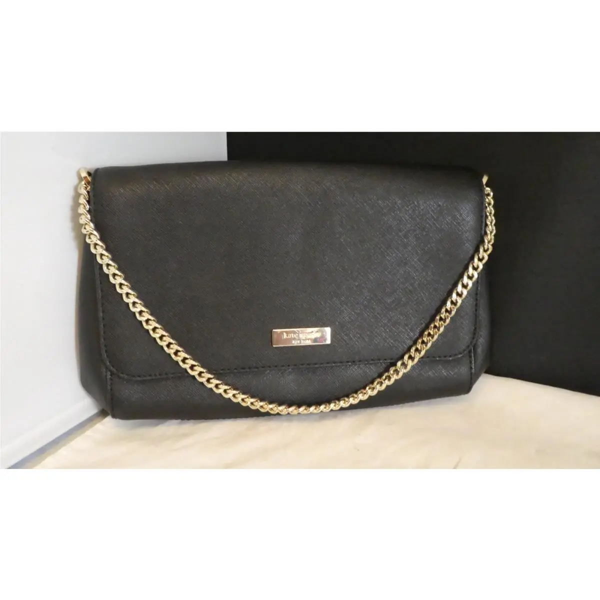 Vintage New  New York Black Clutch Gold Hardware Accent with Duster by Kate Spade