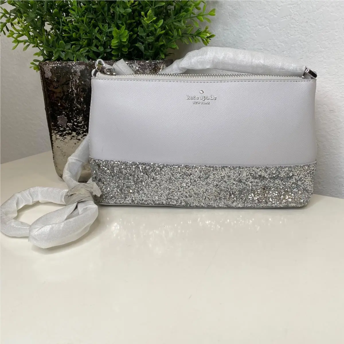 Flash Glitter Saffiano Leather Crossbody Bag Grey Silver Glam Prom by Kate Spade
