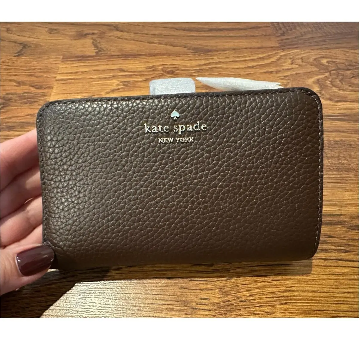 New York Pebbled Leather Wallet Brown Snap Closure 4x6 Designer by Kate Spade