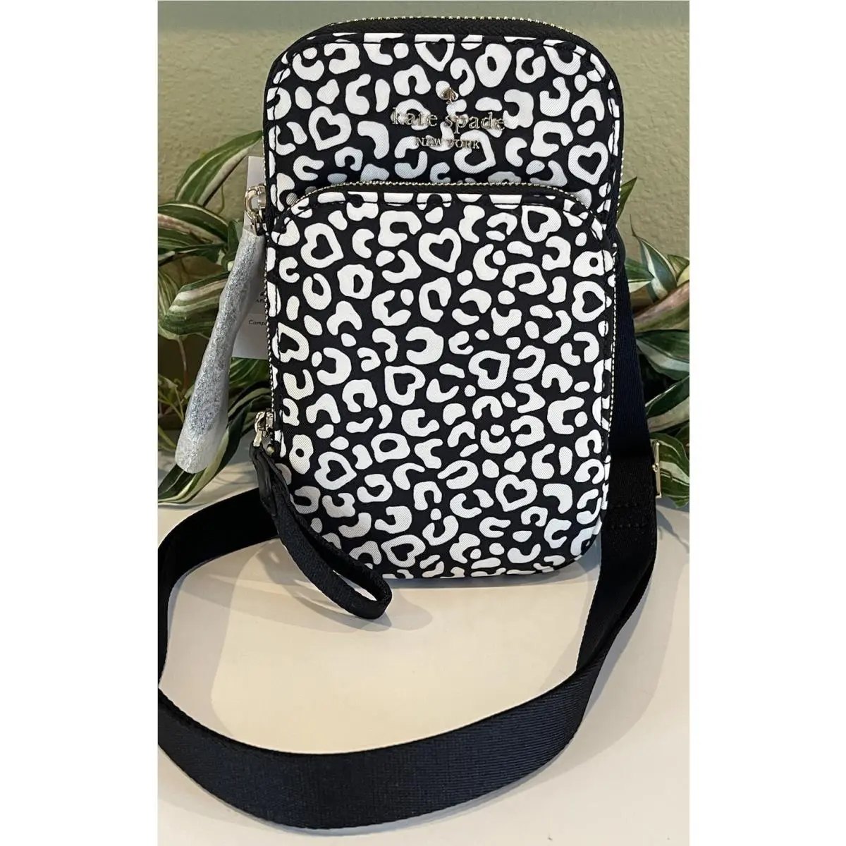 Chelsea NS Double Zip Phone Crossbody Shoulder Bag Black White Nylon by Kate Spade