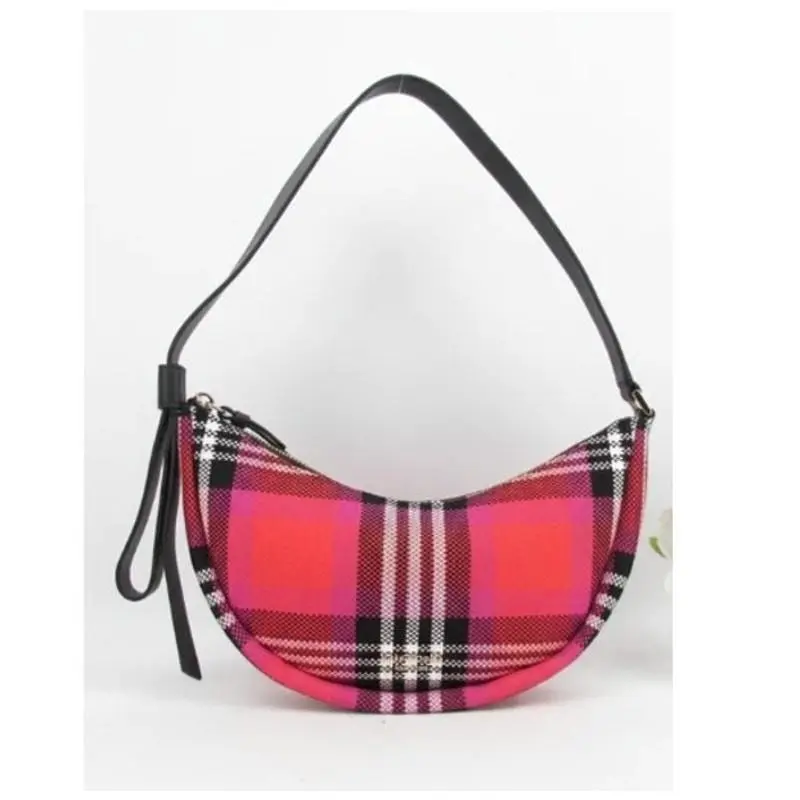 Kate Spade Smile Shoulder Bag Small Red Plaid Tartan Check Crescent Zip Top