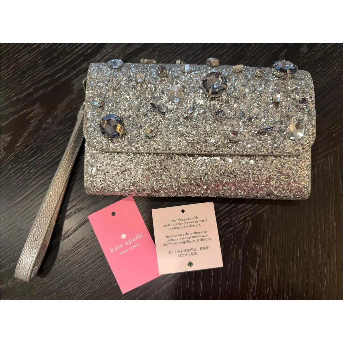 New York Jeweled Glitter Medium Flap Phone Wristlet Silver Rhinestone by Kate Spade