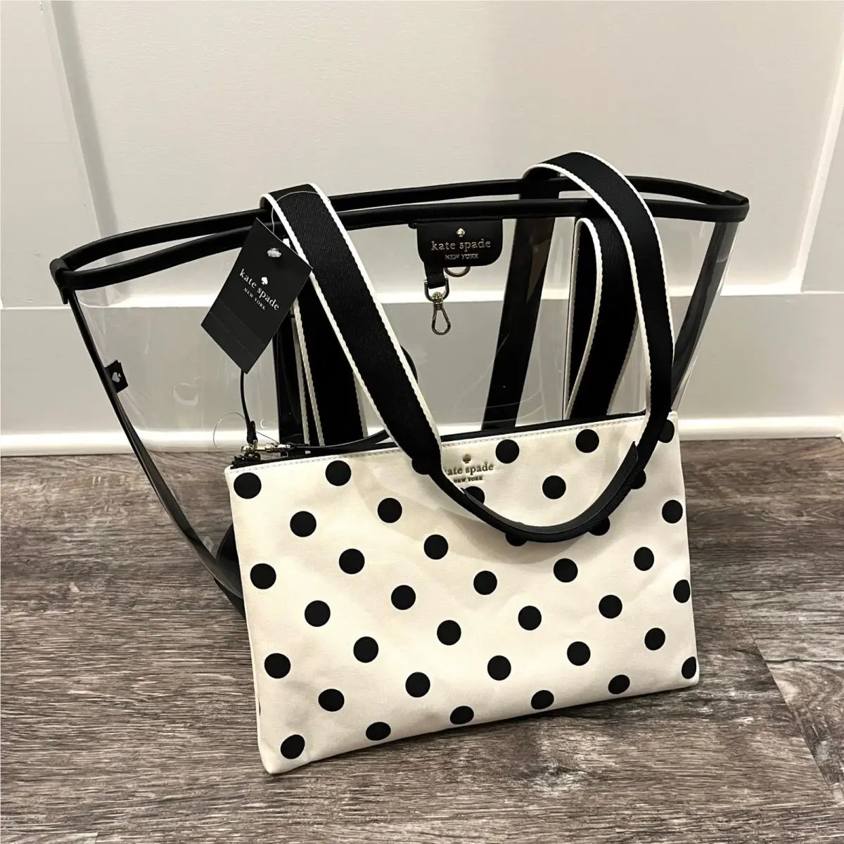 Kate Spade See Through Rai Black Trimmed Clear Tote Bag with Polka Dot Pouch