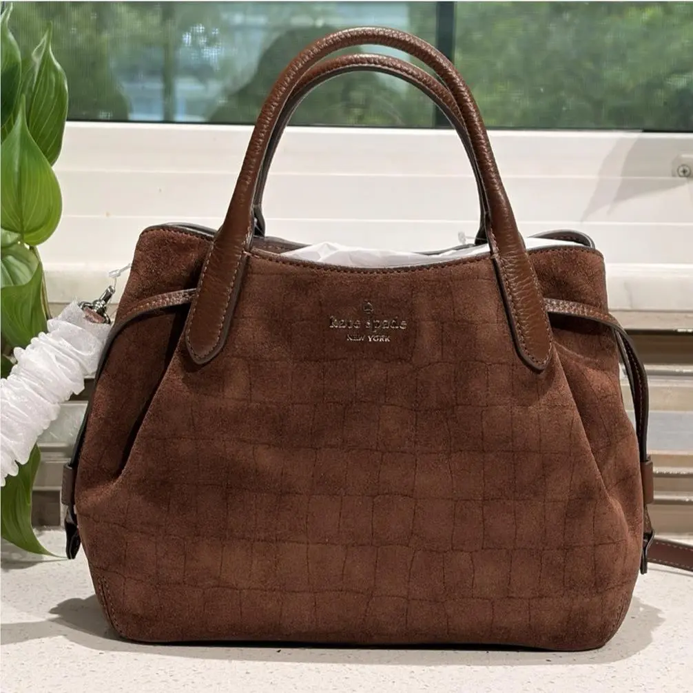 Dumpling Small Satchel Crossbody Bag Hobo Brown Crocodile Suede Gold by Kate Spade