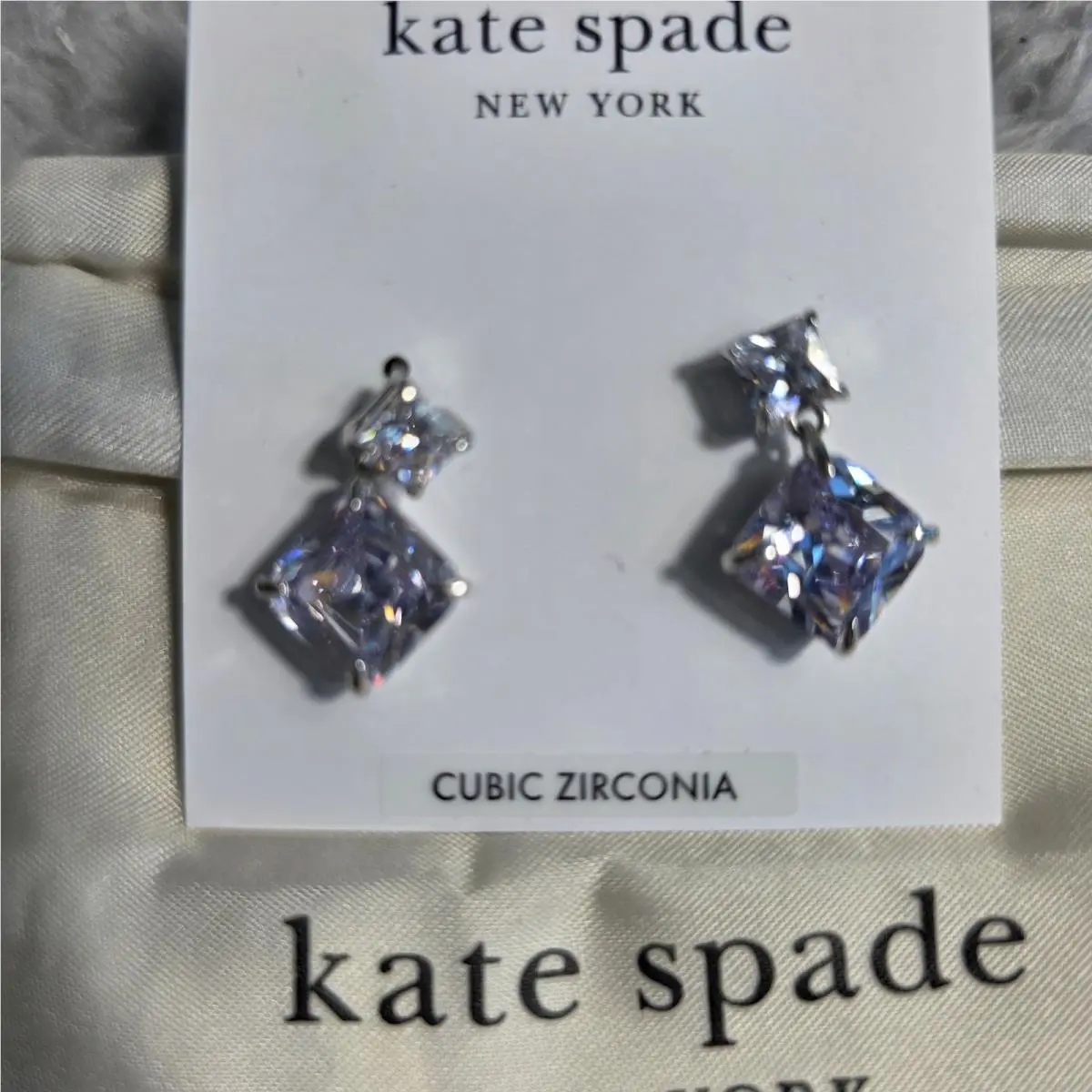 Showtime Earrings Silver Clear CZ Square Drop Womens OS New by Kate Spade