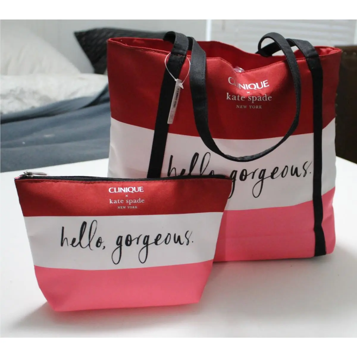 Clinique Two Piece Set - Hello Gorgeous Tote Bag Cosmetic Bag by Kate Spade