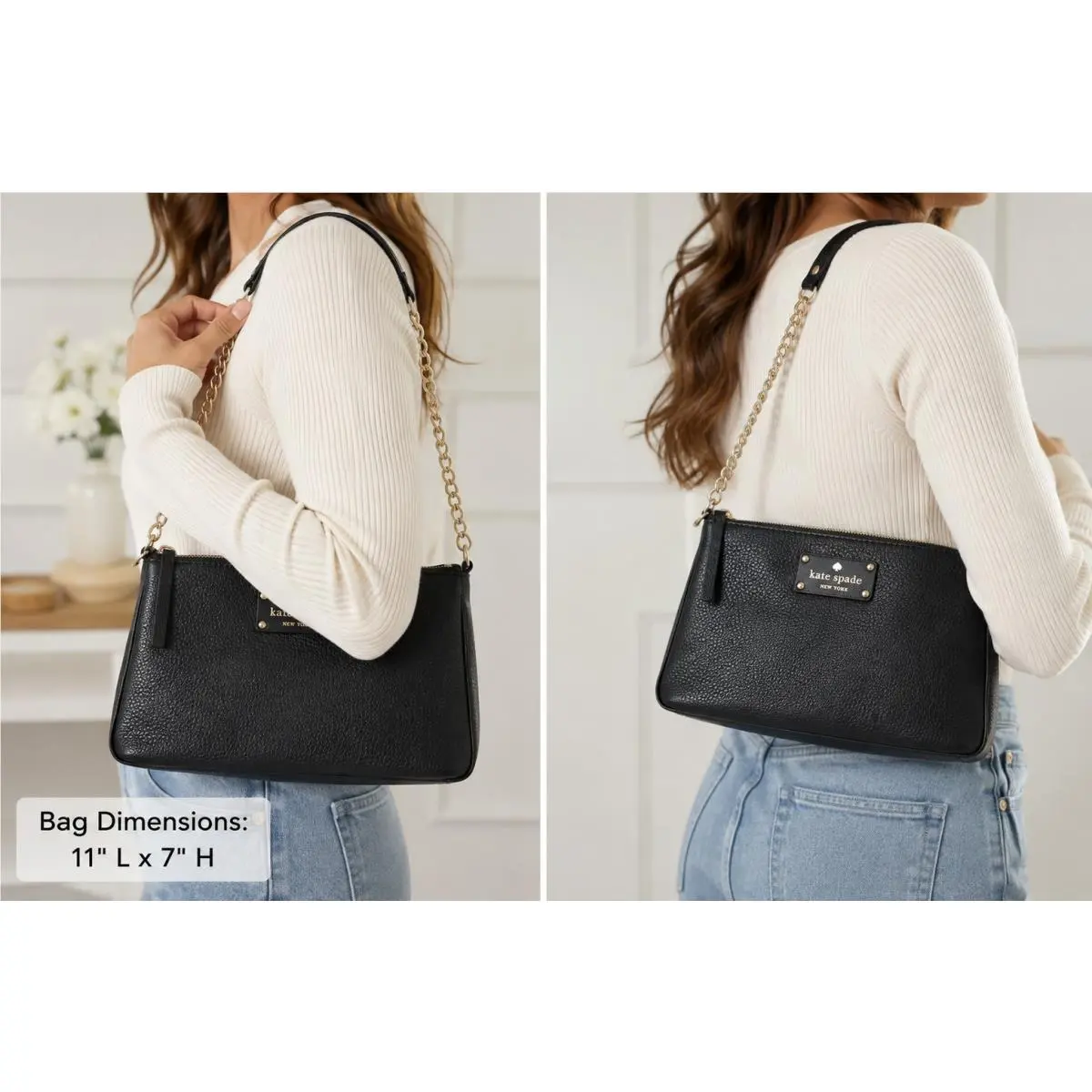 New York Black Pebbled Leather Shoulder Bag Gold Chain 11x7 by Kate Spade