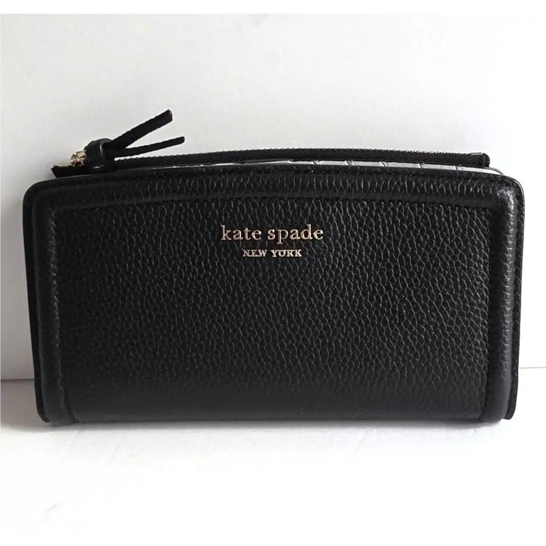 Kate Spade Knott Zip Slim Wallet Black Pebbled Leather Bifold K5613