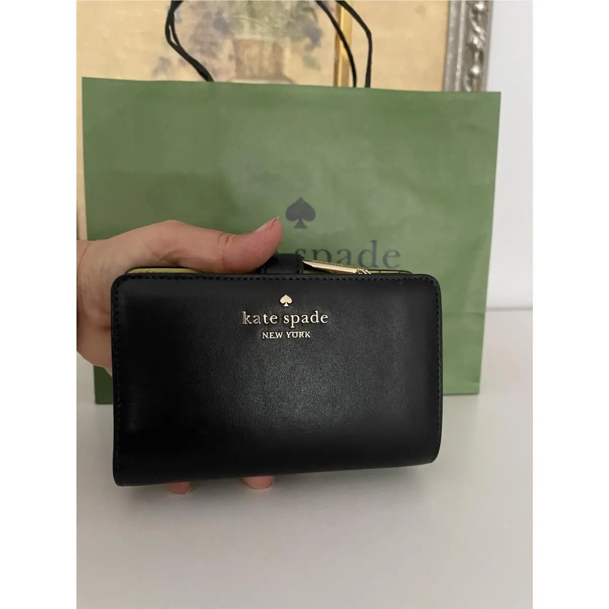 Madison Smooth Leather Compact Bifold Wallet In Black KM624 by Kate Spade