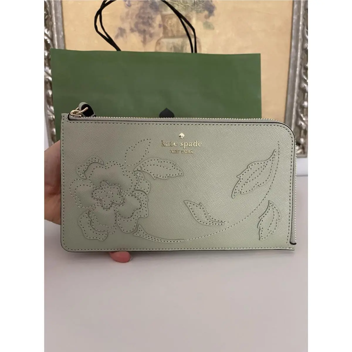 Forest Blooms Lucy Medium L-zip Wristlet In Sage KL856 by Kate Spade