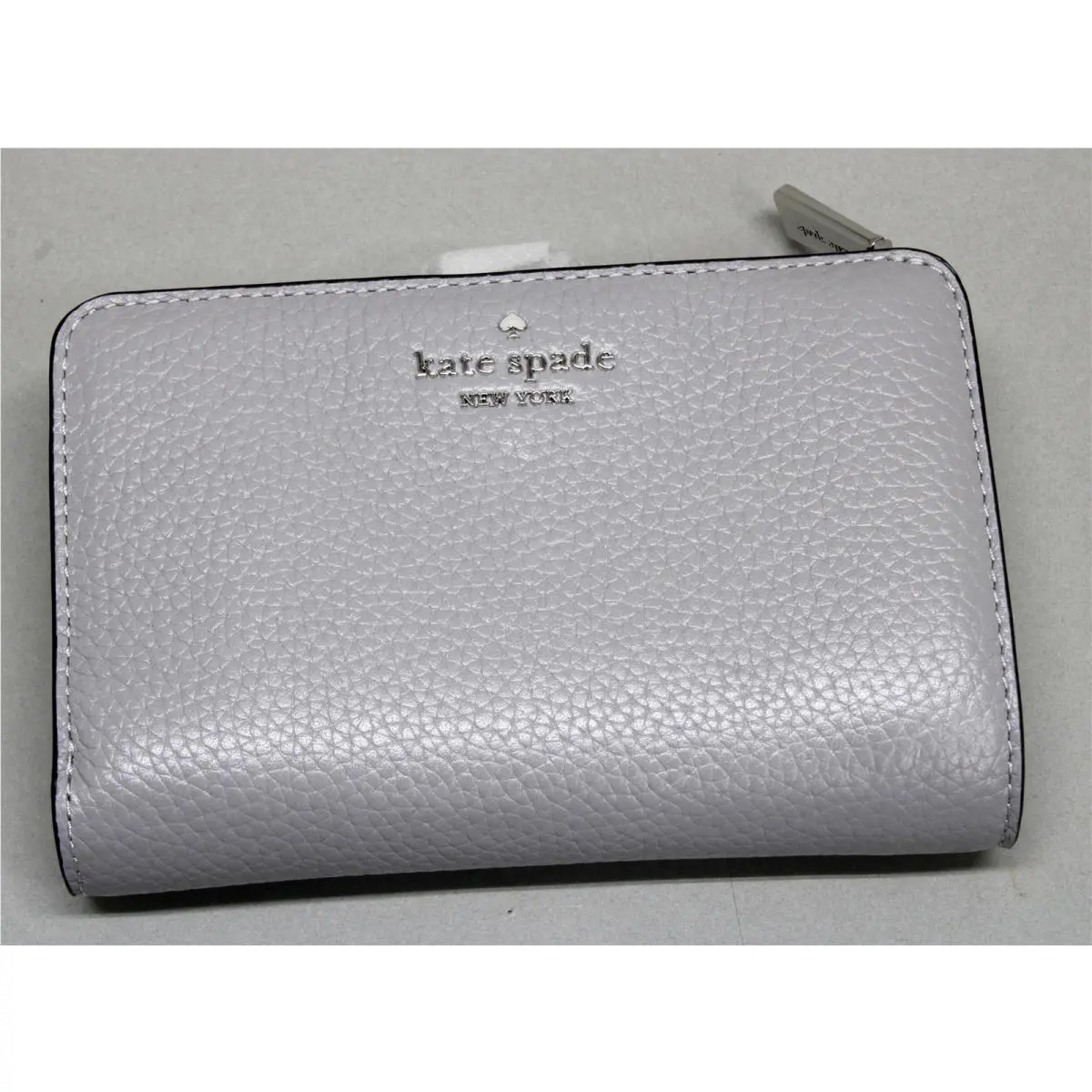Kate Spade NY Pebbeled Leather Medium Bifold Wallet in Lake Mist Gray New