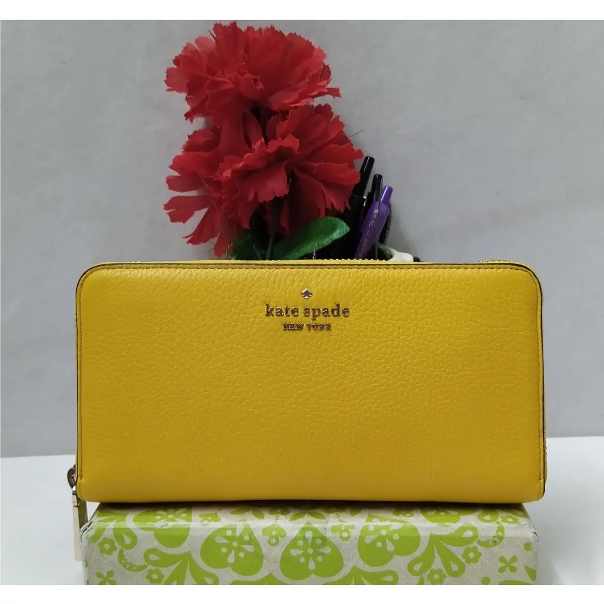 New York Yellow Pebbled Leather Zip Around Credit Card Wallet by Kate Spade