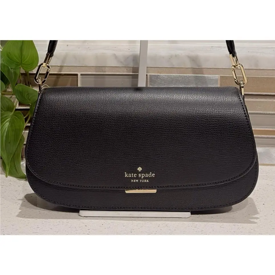 Quinn Medium Small Flap Chain Shoulder Bag Purse Black Leather Gold by Kate Spade