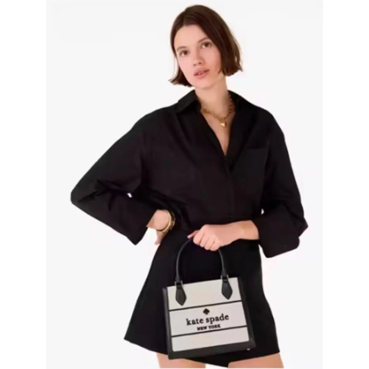 New York Black Cream Canvas Tote Bag Large by Kate Spade