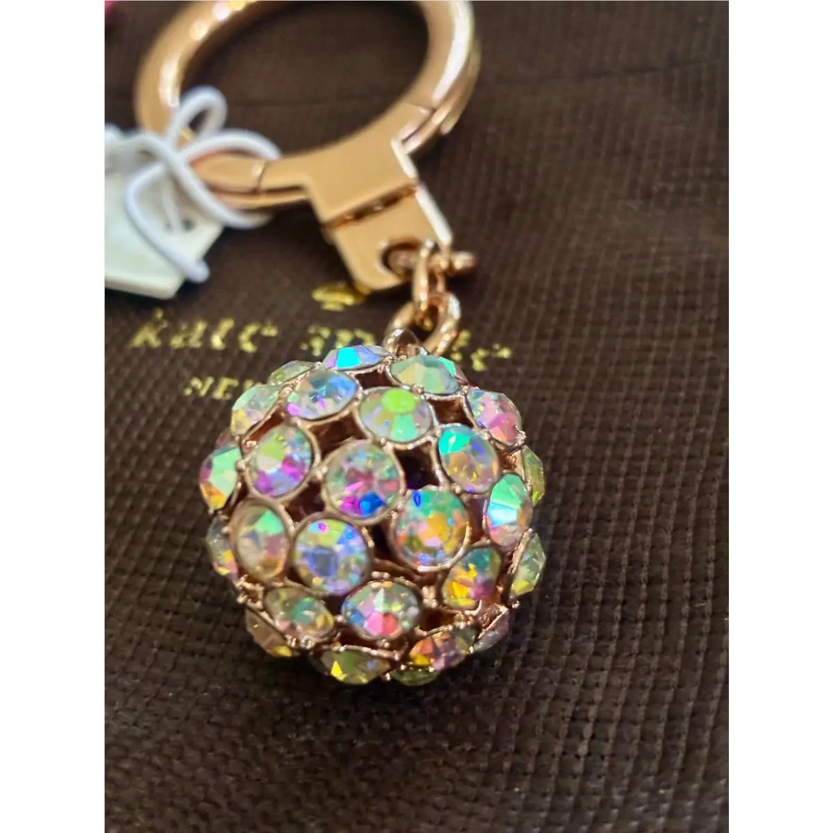 Rose Gold Glittery Disco Ball Rhinestone Keychain Bag Charm by Kate Spade
