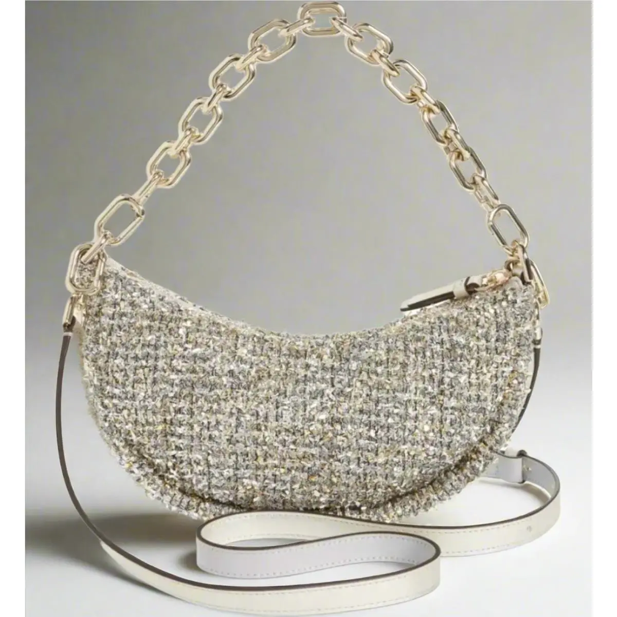 Smile Crossbody Bag Silver Metallic Tweed Leather Chain Strap Small by Kate Spade