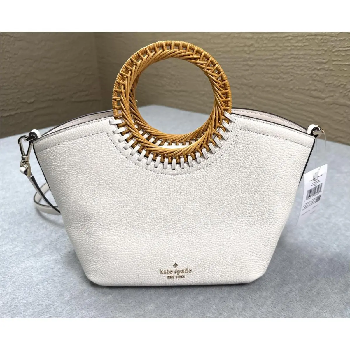 Harbor Tote Bag Women Small White Pebbled Leather Rattan Whipstitch by Kate Spade