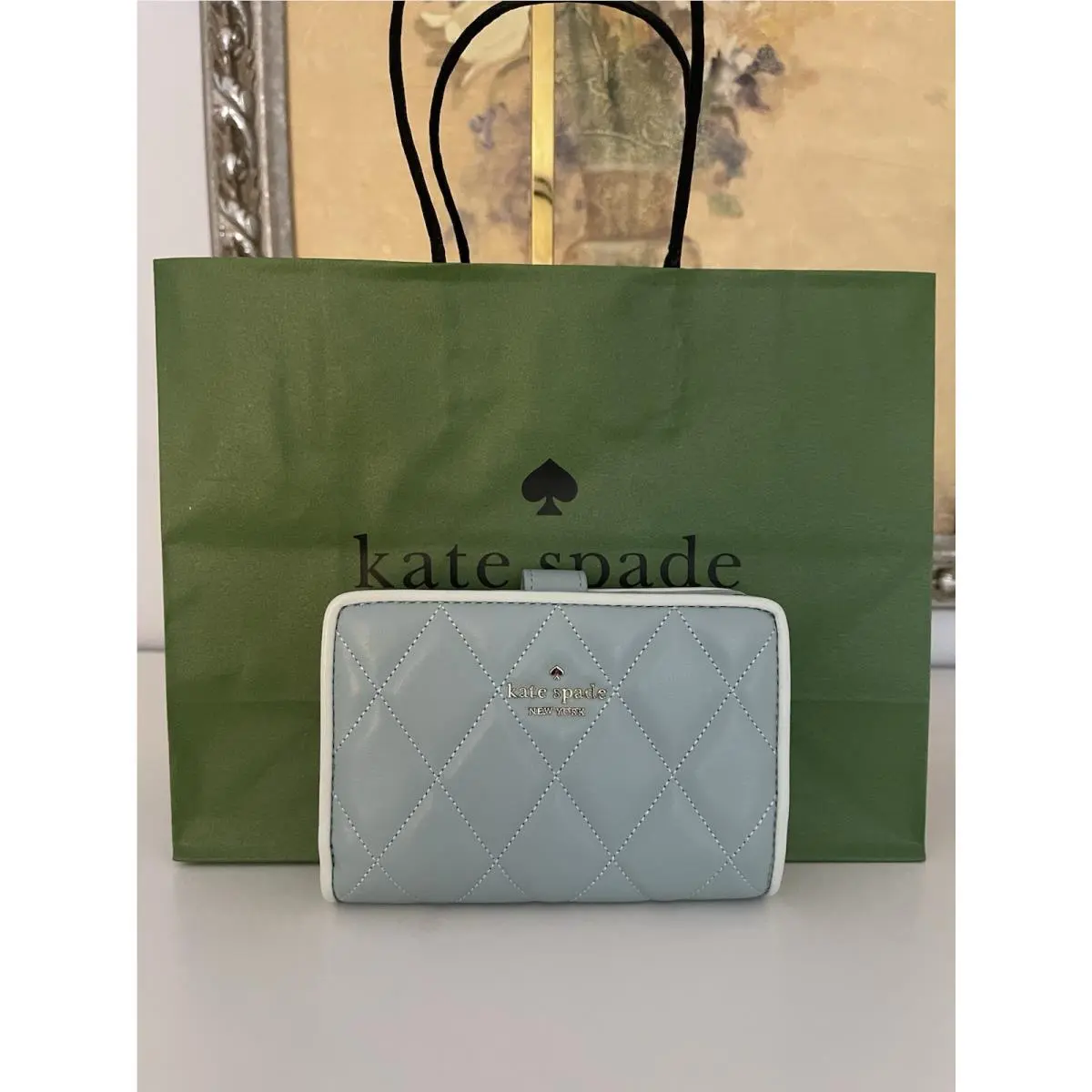 Carey Colorblock Edge Quilted Medium Bifold Wallet Wild Sage Blue by Kate Spade