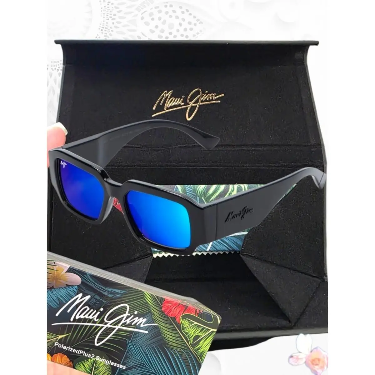 Kupale Blue Hawaii Shiny Black Sunglasses All Orig by Maui Jim