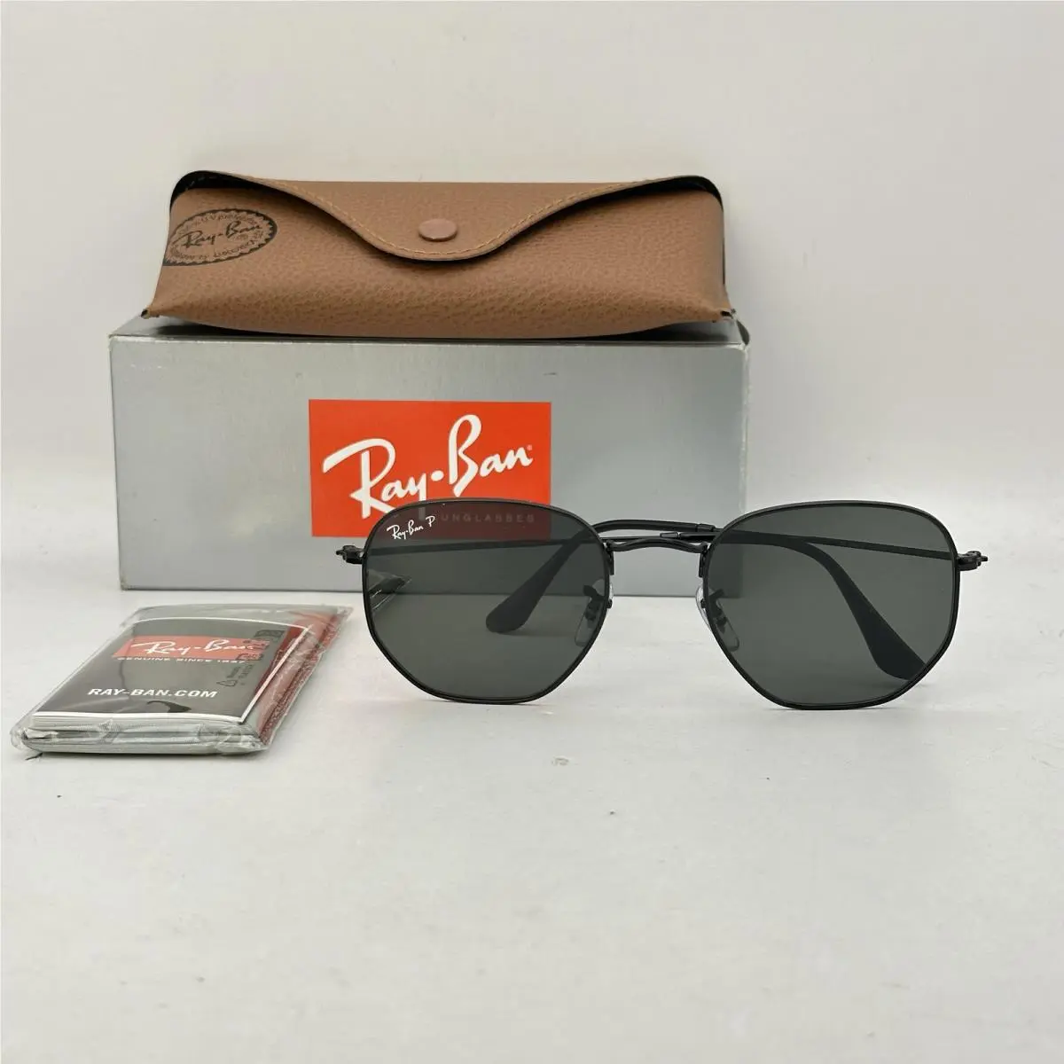 Ray Ban Unisex Hexagonal Flat Thin Metal Polarized Sunglasses RB3548N Black by Ray-Ban