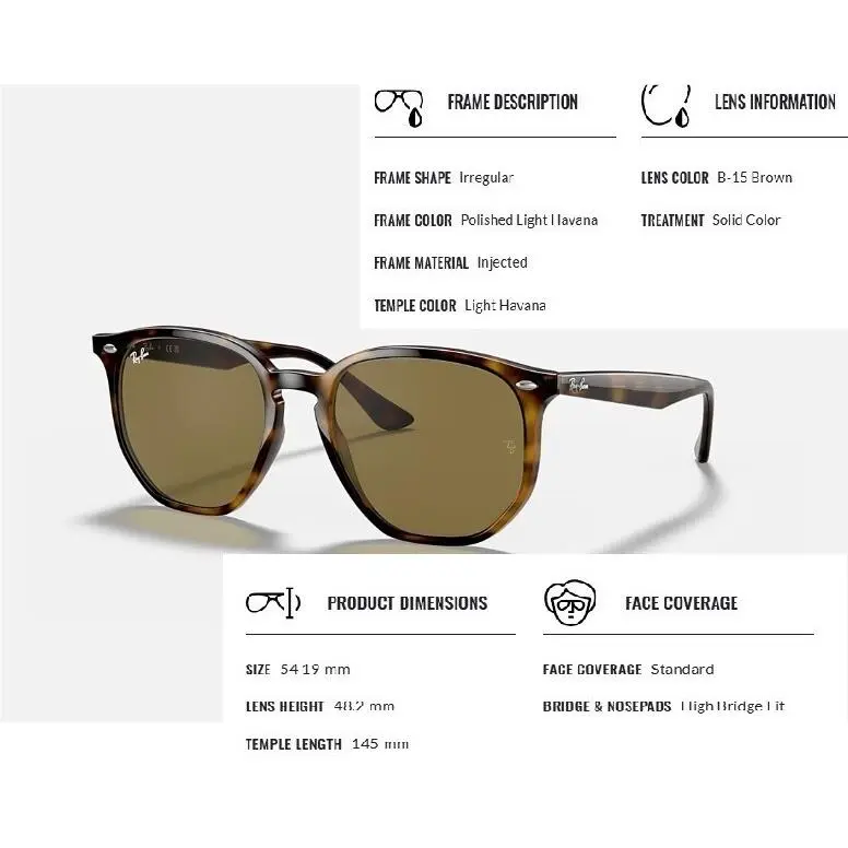 Ray-ban RB4306 Men`s Irregular Shape Sunglasses Havana B-15 Brown Size 54 19mm by Ray-Ban