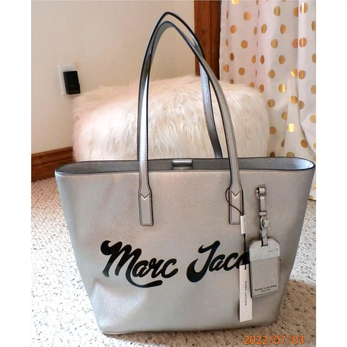 Tote Metallic Silver Logo Luggage Tag Purse Bag by Marc Jacobs