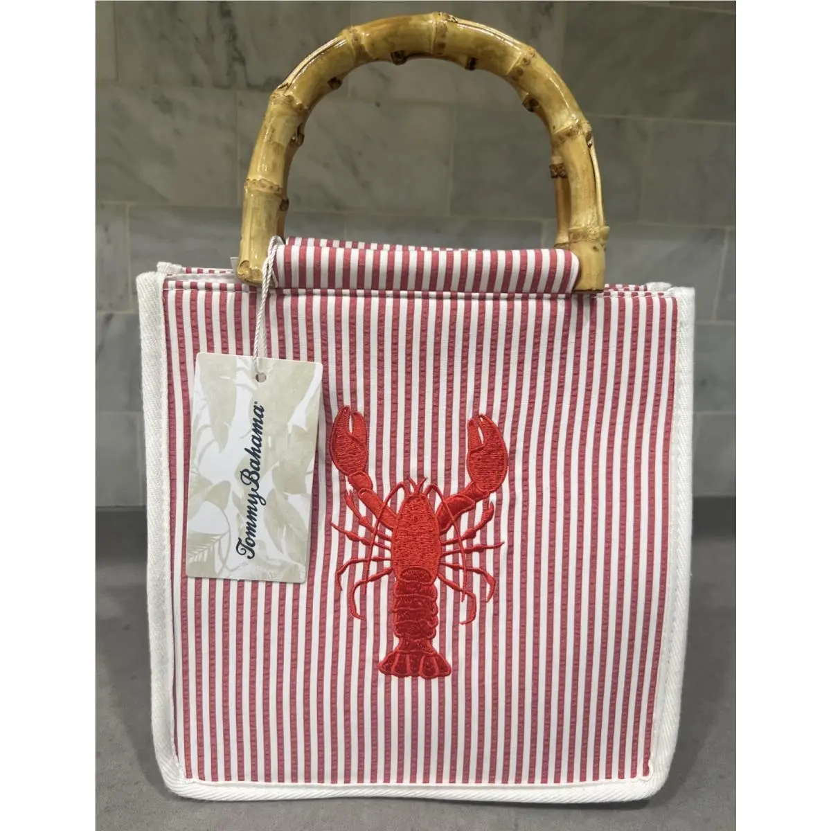 Lobster Tote Bag Bamboo Handle Red White Stripe Crossbody Purse by Tommy Bahama