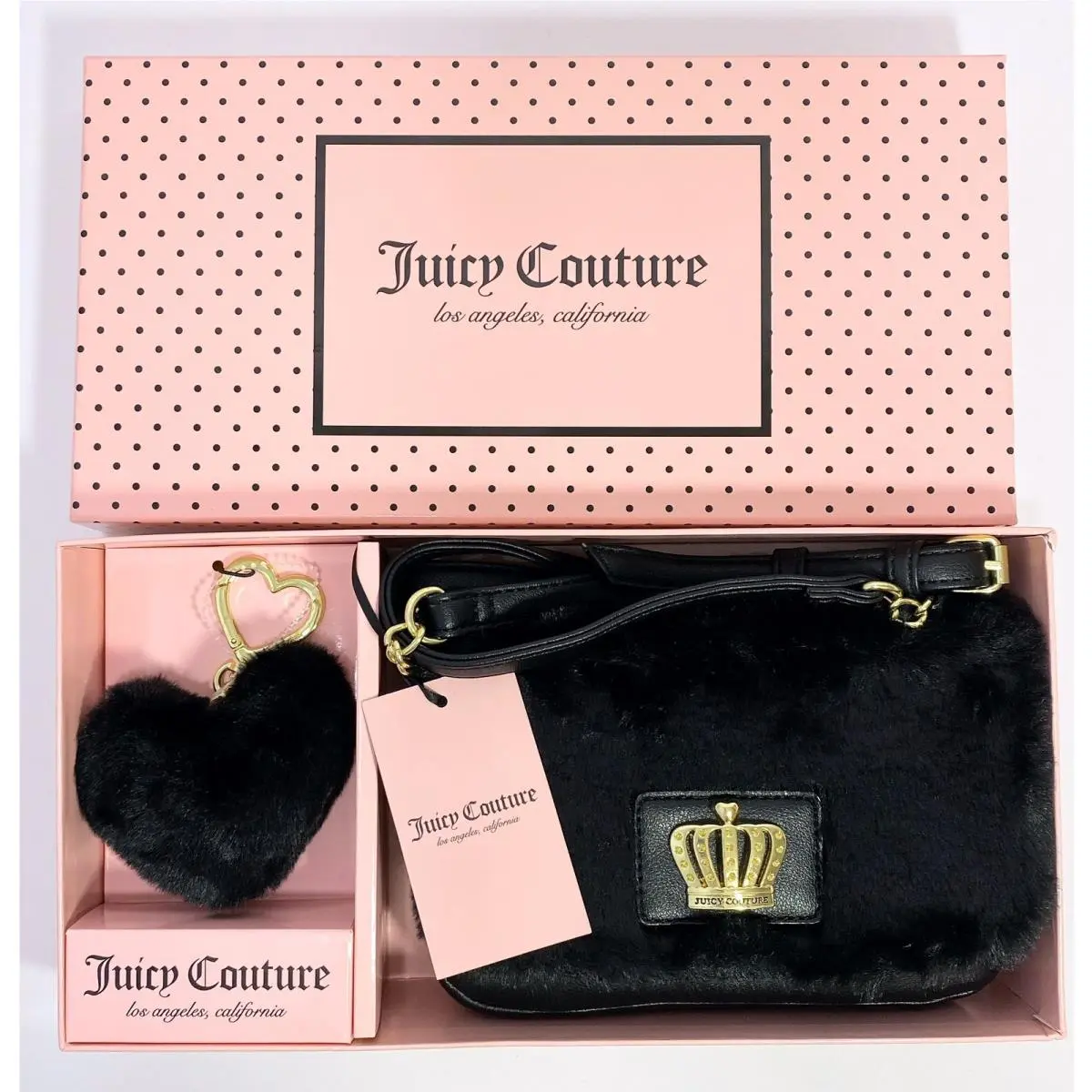 Black Crossbody Bag Heart Pom Pom Keychain Charm Set by Juicy Couture