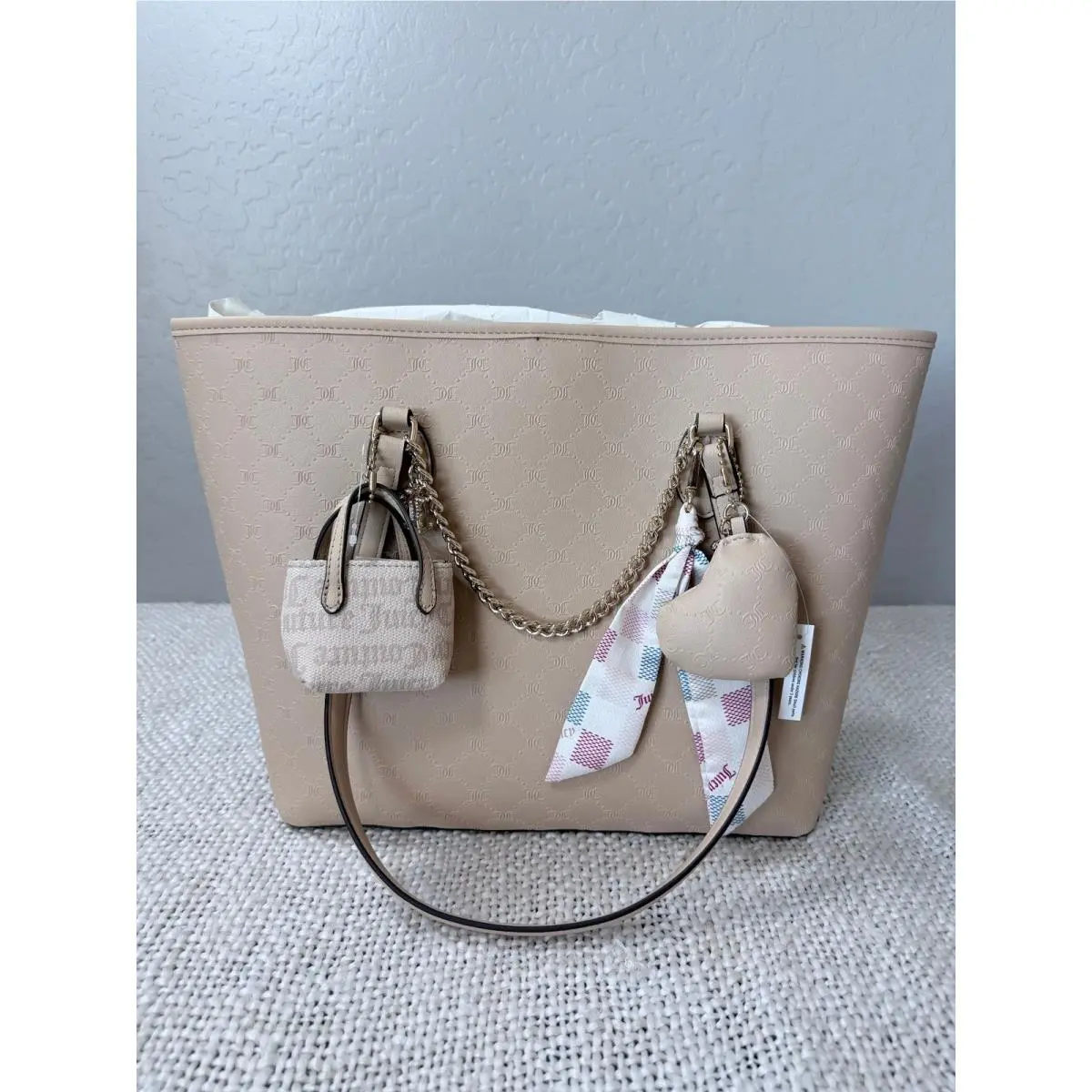 Monogram Tote Bag Beige Leather Scarf Heart Charm L Handbag by Juicy Couture