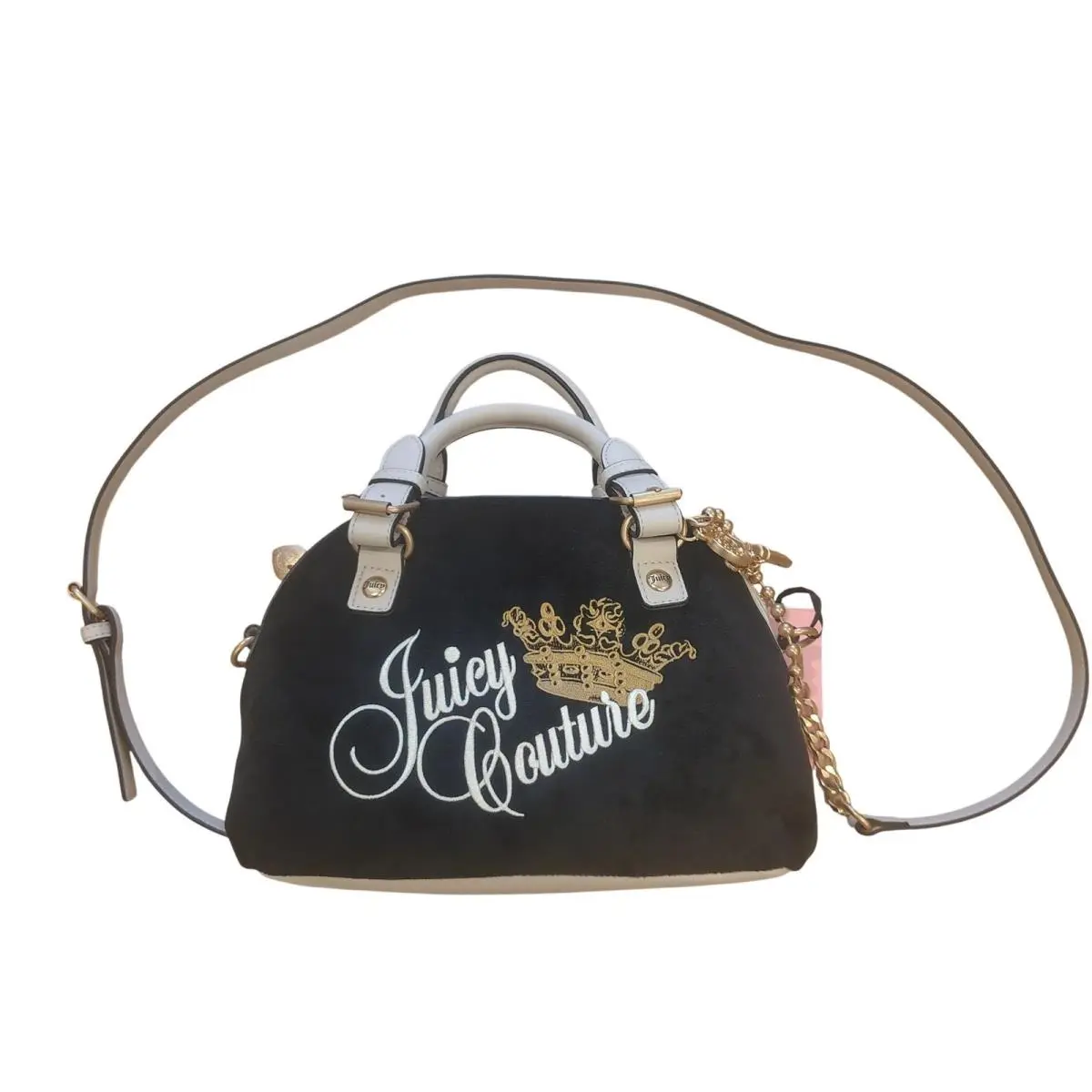 Black Velour Satchel Bag White Trim Gold Crown Logo Crossbody by Juicy Couture