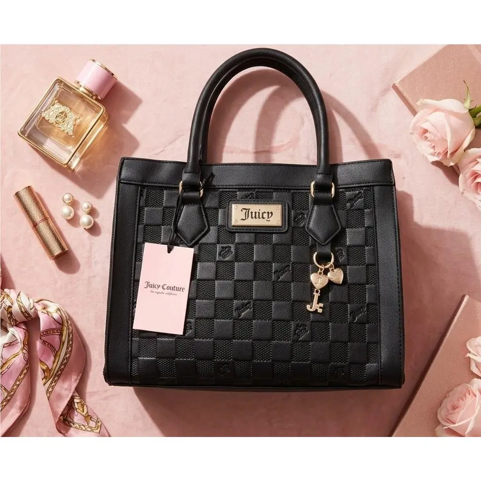 Miss Independent Tote Bag Black Checkerboard Satchel Charm by Juicy Couture