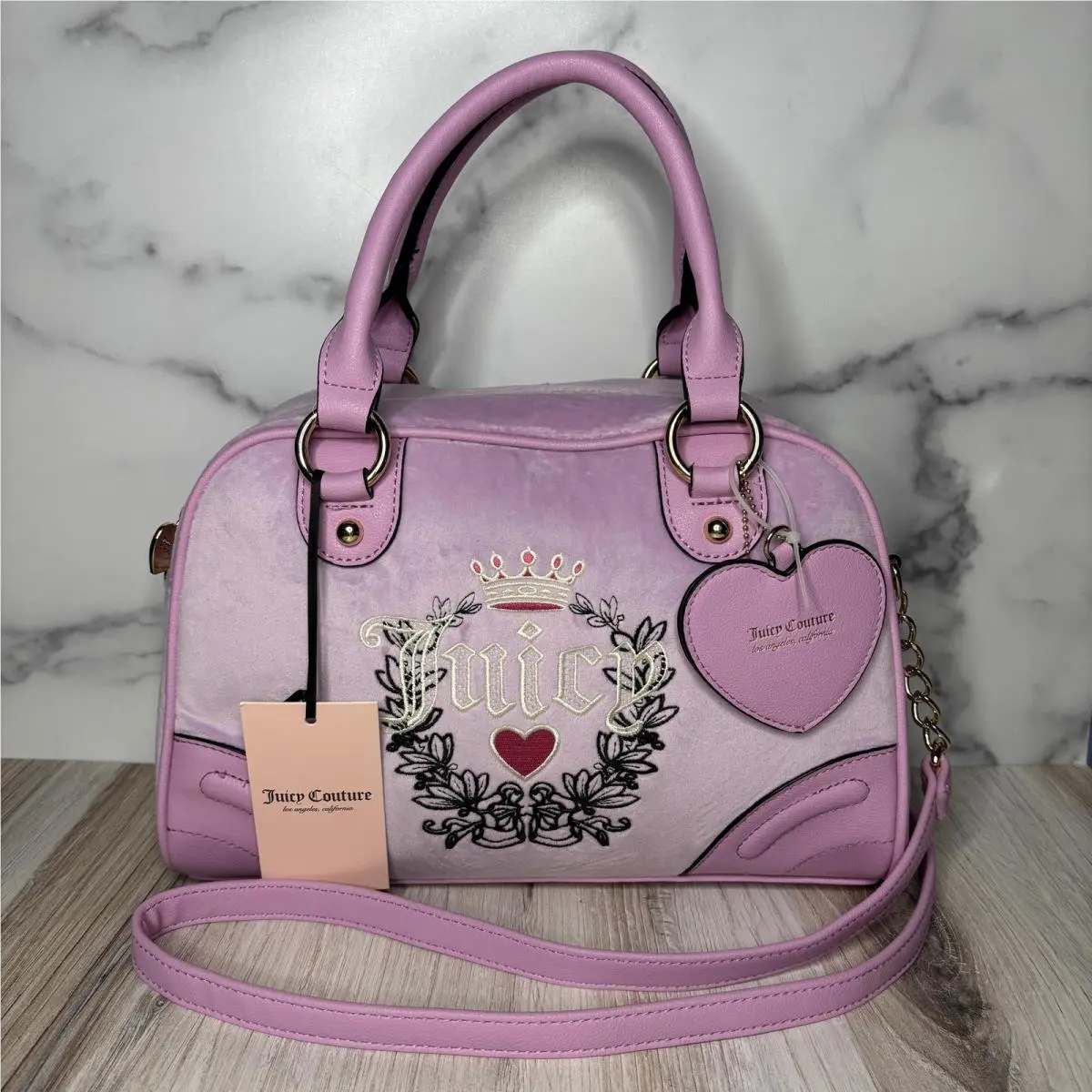 Heritage Bowler Crossbody Bag Womens Velour Fondant Pink by Juicy Couture