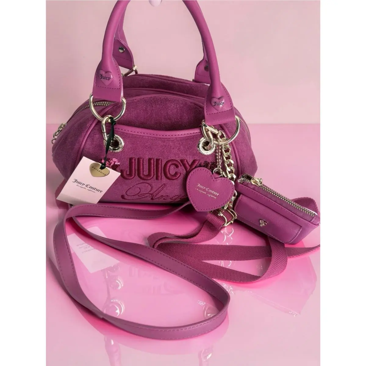 Angel Velour Bowler Bag Pink Heart Charm Crossbody Tart Satchel by Juicy Couture